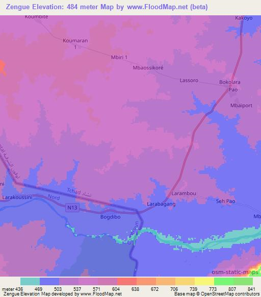 Zengue,Chad Elevation Map