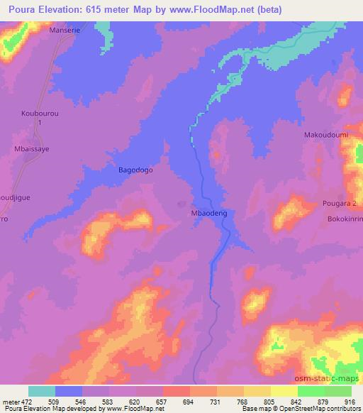 Poura,Chad Elevation Map