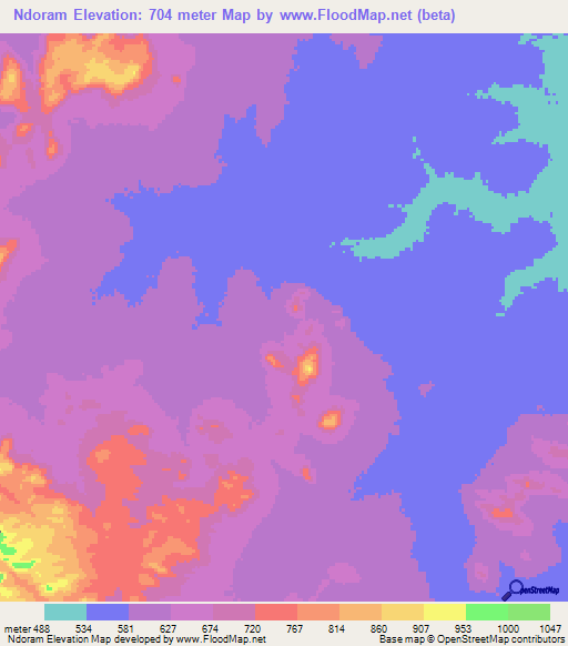 Ndoram,Chad Elevation Map