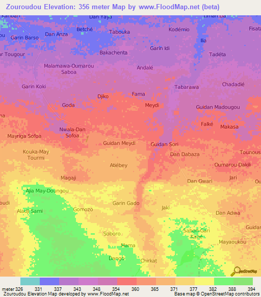 Zouroudou,Niger Elevation Map