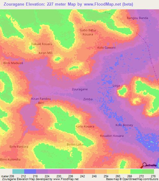 Zouragane,Niger Elevation Map