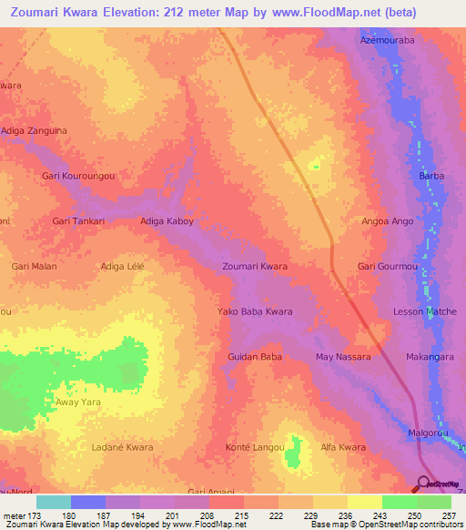 Zoumari Kwara,Niger Elevation Map