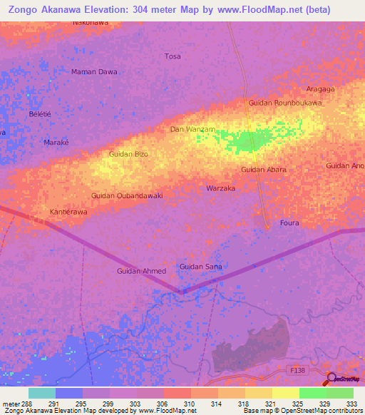 Zongo Akanawa,Niger Elevation Map