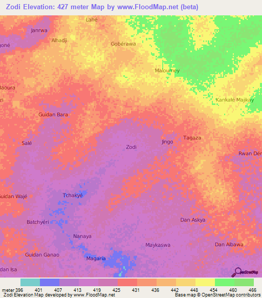 Zodi,Niger Elevation Map