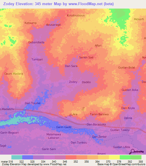 Zodey,Niger Elevation Map