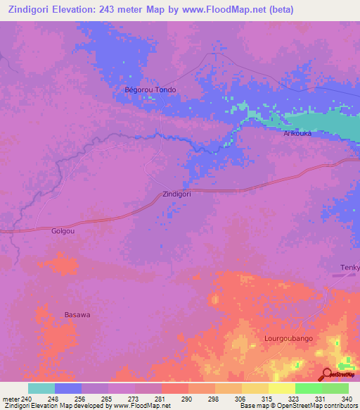 Zindigori,Niger Elevation Map