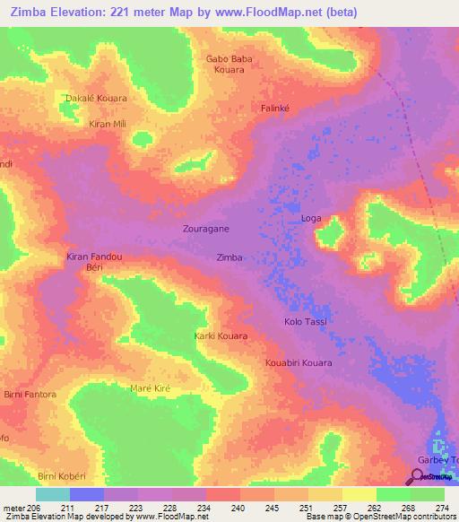 Zimba,Niger Elevation Map