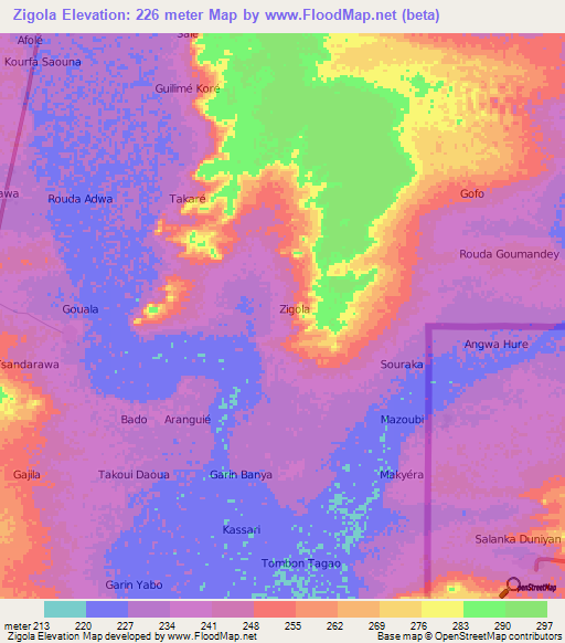 Zigola,Niger Elevation Map