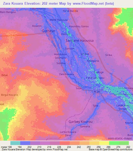 Zara Kouara,Niger Elevation Map