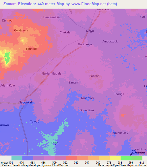 Zantam,Niger Elevation Map