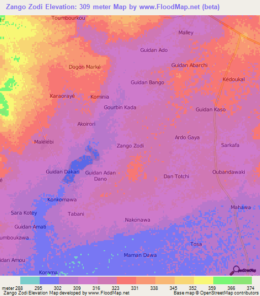 Zango Zodi,Niger Elevation Map