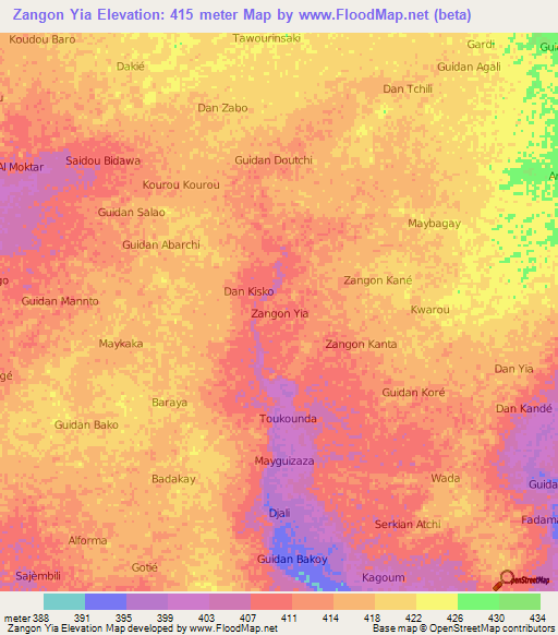 Zangon Yia,Niger Elevation Map