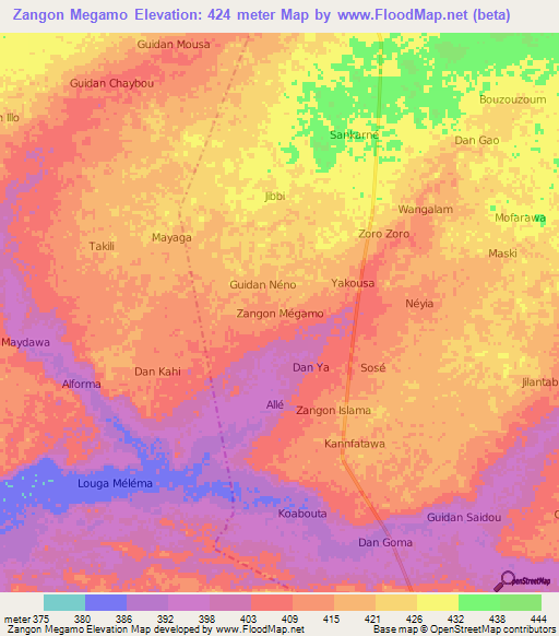 Zangon Megamo,Niger Elevation Map