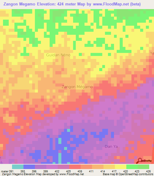 Zangon Megamo,Niger Elevation Map