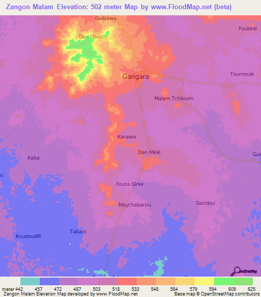 Zangon Malam,Niger Elevation Map