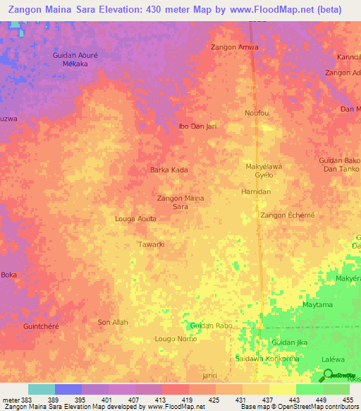 Zangon Maina Sara,Niger Elevation Map