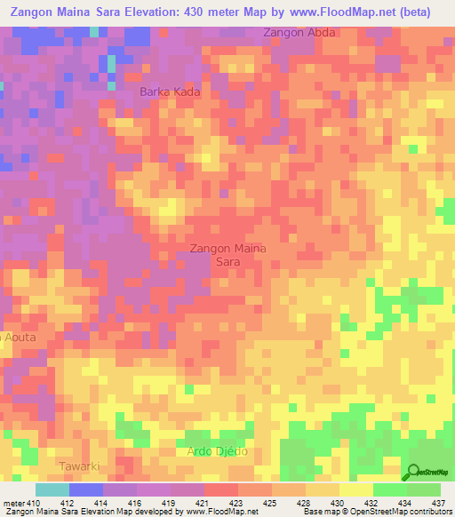 Zangon Maina Sara,Niger Elevation Map