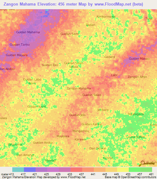 Zangon Mahama,Niger Elevation Map