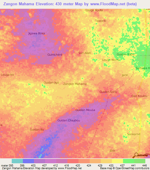 Zangon Mahama,Niger Elevation Map