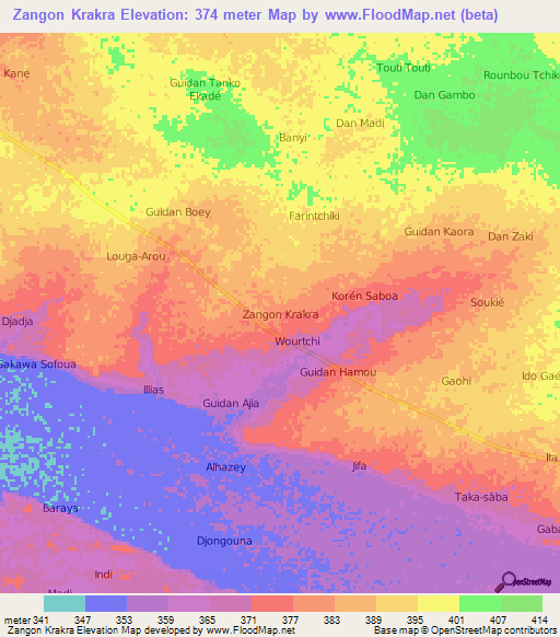 Zangon Krakra,Niger Elevation Map