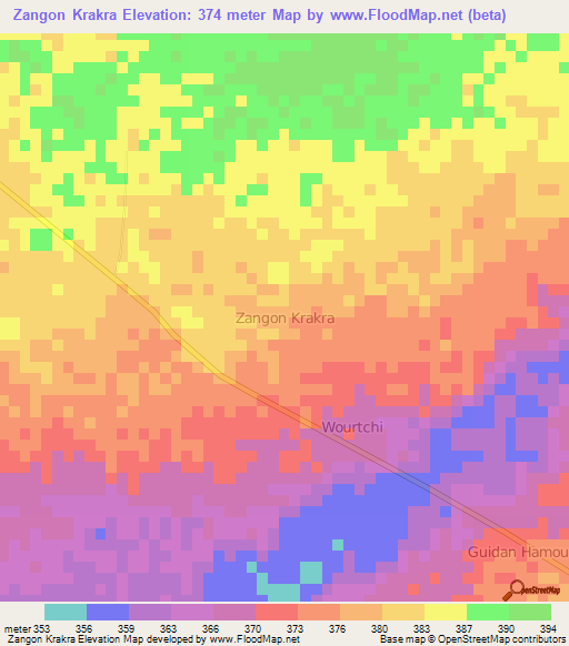 Zangon Krakra,Niger Elevation Map