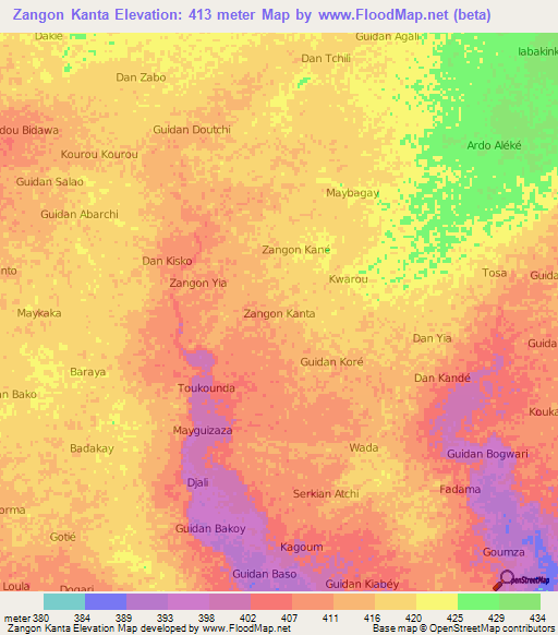 Zangon Kanta,Niger Elevation Map