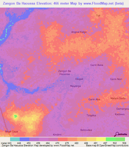 Zangon Ba Haoussa,Niger Elevation Map