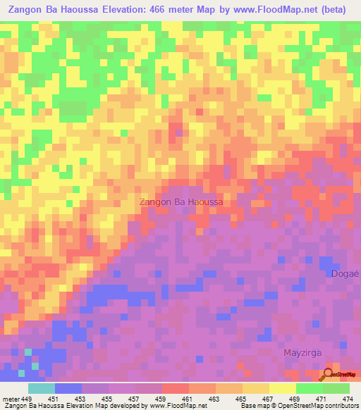 Zangon Ba Haoussa,Niger Elevation Map