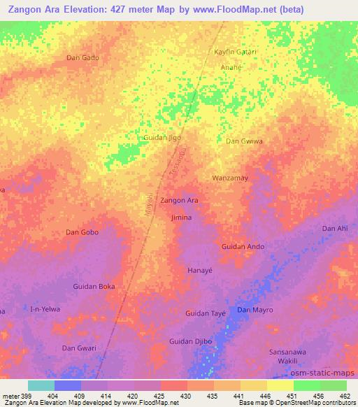 Zangon Ara,Niger Elevation Map