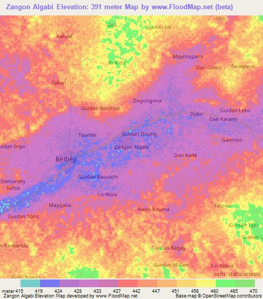 Zangon Algabi,Niger Elevation Map