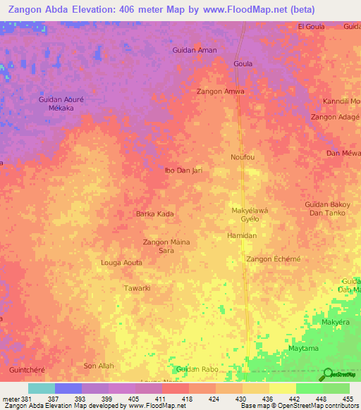 Zangon Abda,Niger Elevation Map