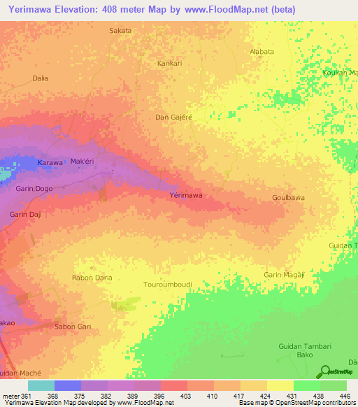 Yerimawa,Niger Elevation Map