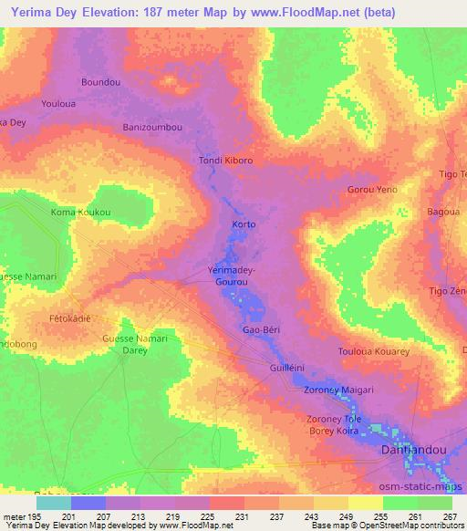 Yerima Dey,Niger Elevation Map