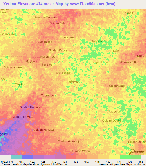 Yerima,Niger Elevation Map