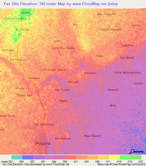 Yan Dila,Niger Elevation Map