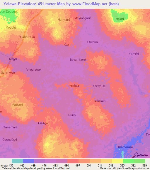 Yelewa,Niger Elevation Map