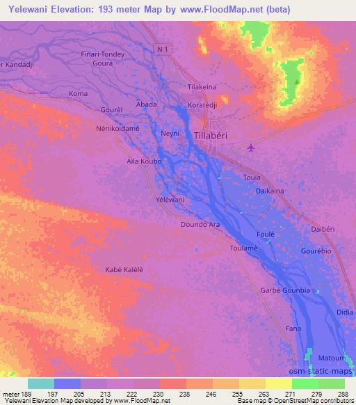 Yelewani,Niger Elevation Map