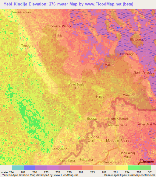 Yebi Kindija,Niger Elevation Map