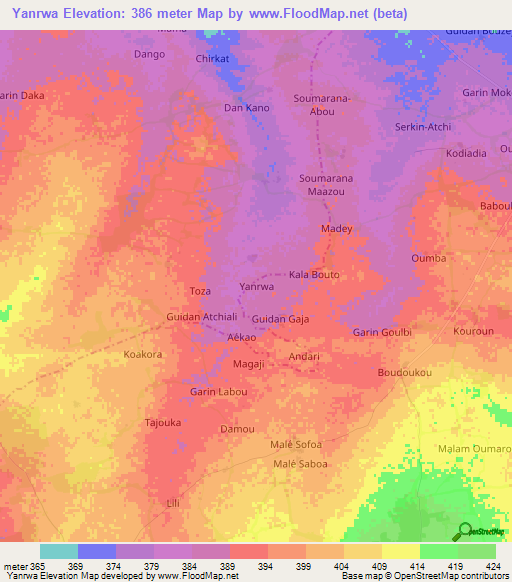 Yanrwa,Niger Elevation Map