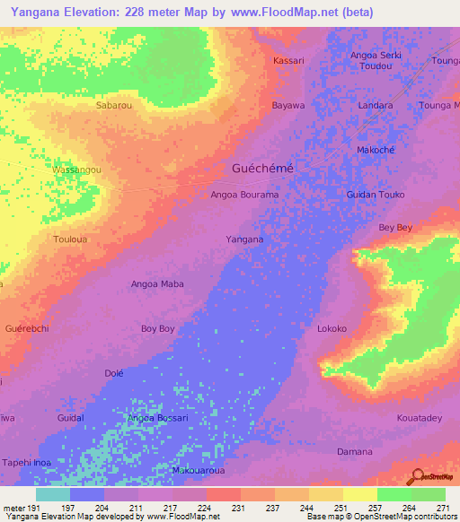 Yangana,Niger Elevation Map