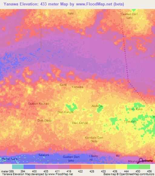 Yanawa,Niger Elevation Map