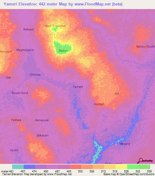 Yameri,Niger Elevation Map