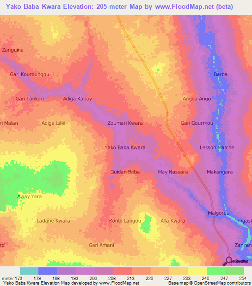 Yako Baba Kwara,Niger Elevation Map