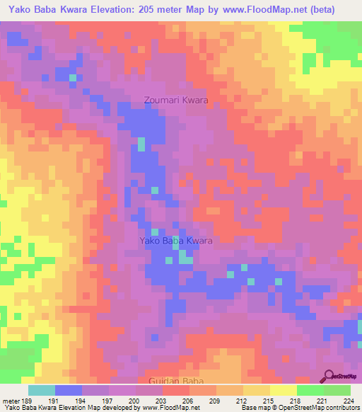 Yako Baba Kwara,Niger Elevation Map