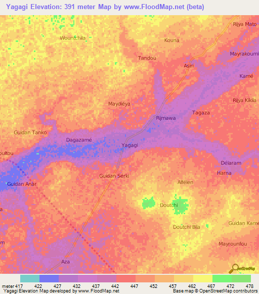 Yagagi,Niger Elevation Map