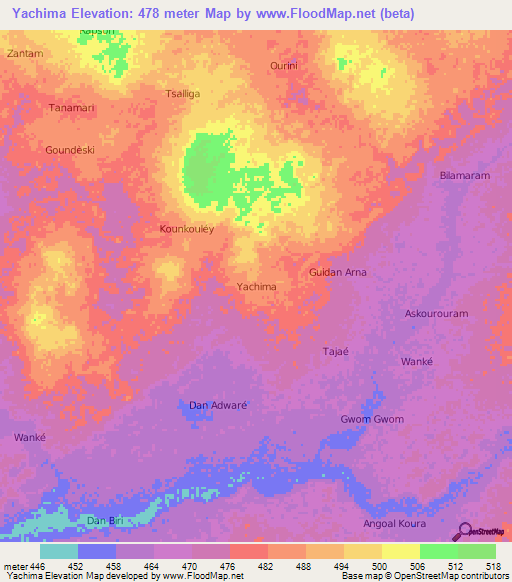 Yachima,Niger Elevation Map