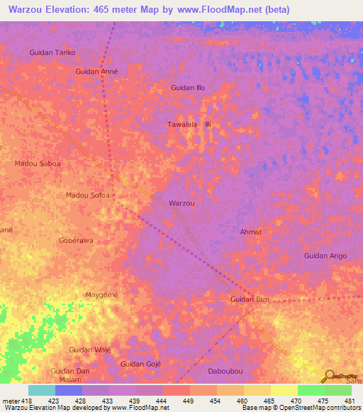 Warzou,Niger Elevation Map