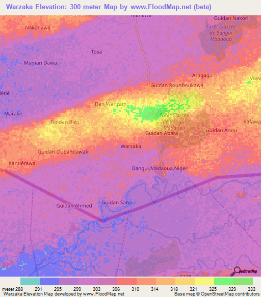 Warzaka,Niger Elevation Map