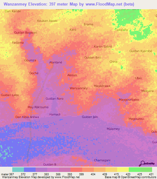 Wanzanmey,Niger Elevation Map