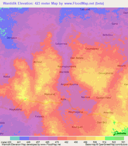 Wantidik,Niger Elevation Map
